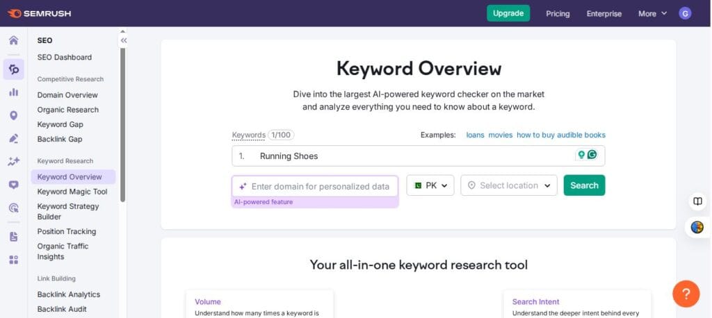 semrush keyword research tool for short tail keyword image